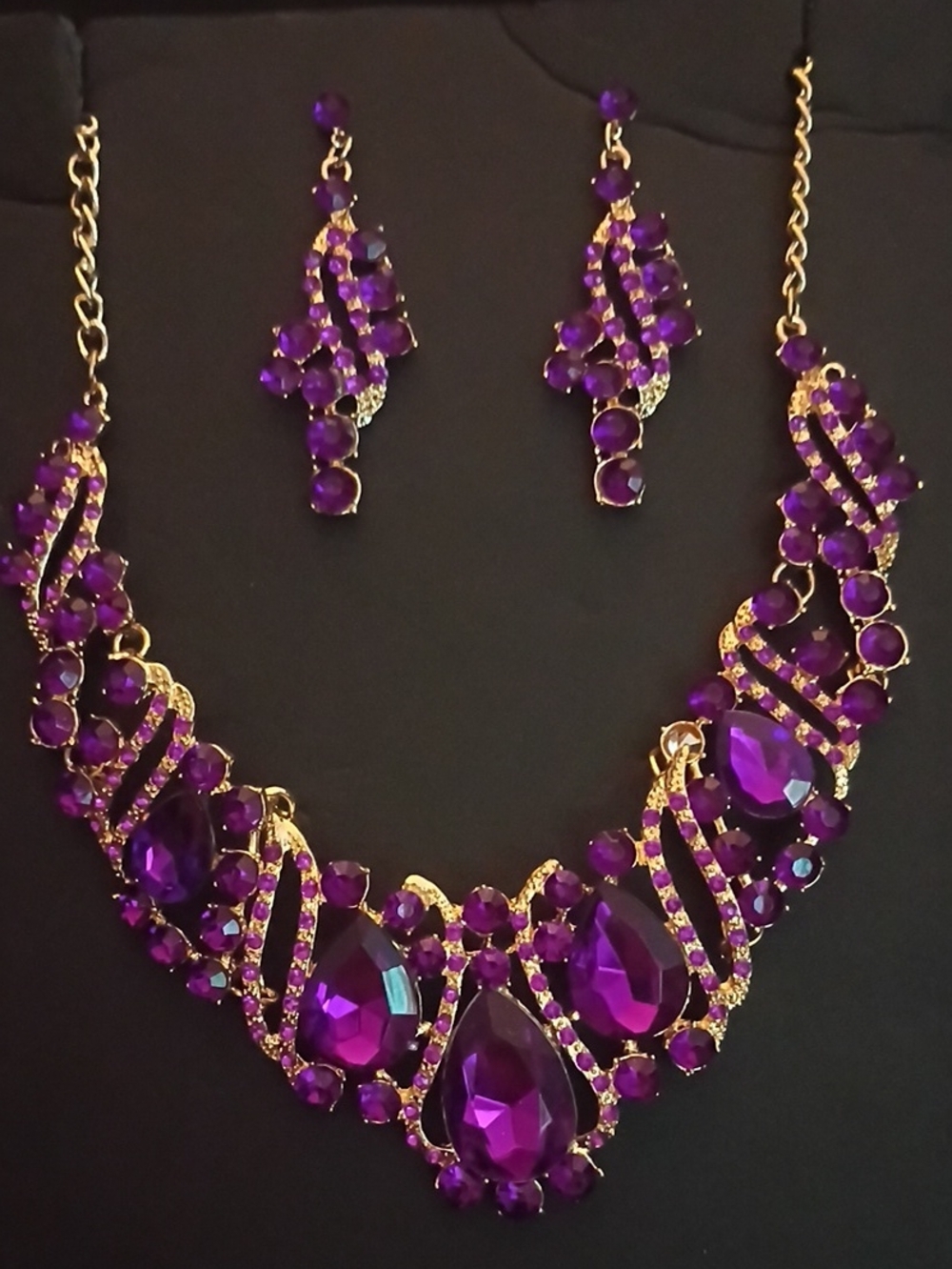 Gold-Tone Purple Statement Necklace & Earring Set